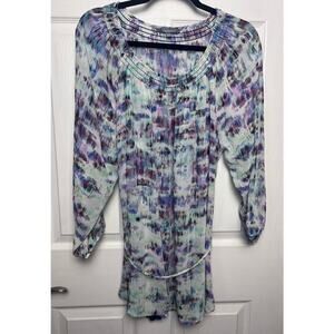 Daisy Fuentes Sheer Tunic Long Sleeve Watercolor Smocked Neck Top Blouse Sz XL